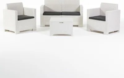 Image de Ensemble de salon de jardin en résine imitation rotin comprenant un canapé 2 places, 2 fauteuils et une table de rangement – léger, facile d'entretien et doté de coussins amovibles, idéal pour le jardin, la terrasse et le balcon – SALINA – Blanc