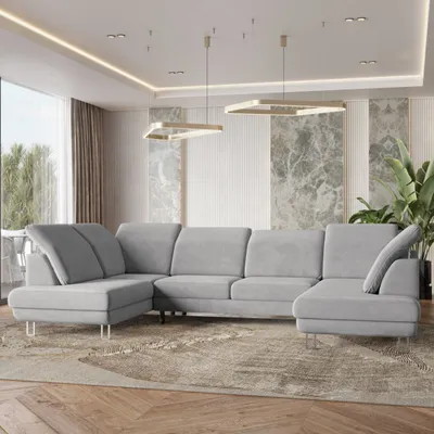 Zdjęcie produktu dla Masseno Narożnik TERAMO z funkcją spania i pojemnikiem na pościel Kształt U, Rozkładana sofa, Rogówka - Jasnoszary, MONOLITH 84