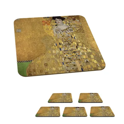 Obrázok produktu pre MuchoWow® Sklenený podtácek Štvorcová sada 6 kusov Portrét Adèle Bloch-Bauerovej I - Gustav Klimt 10x10x0.3cm Podložky pod poháre - podložky pod
