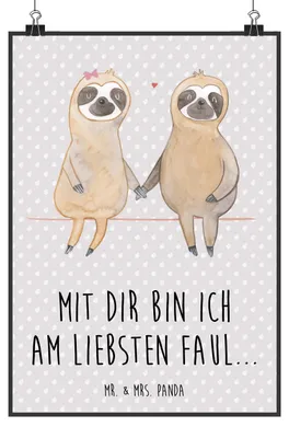 Produktbild von Mr. & Mrs. Panda Bild Faultier Pärchen DIN A3 - Grau Pastell - Geschenk, Verlobt, Posterdruck, Wandbild, Liebe, wanddeko, Kunstdruck, drucke