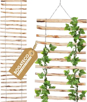 A close-up view of a wooden trellis with ivy vines, with a product tag in the foreground.