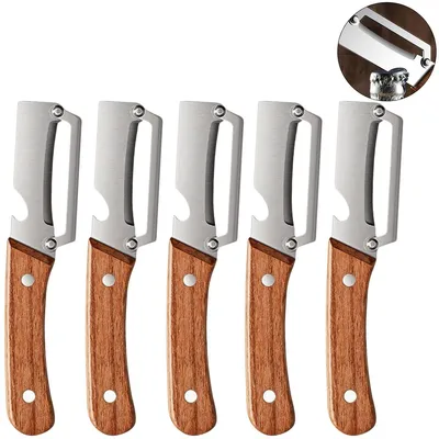 Produktbild von 5 Stück Gemüseschäler mit Holzgriff und Flaschenöffner, 2-in-1-Sparschäler aus Edelstahl für Obst wie Äpfel, Kartoffeln, Kürbis und Papaya