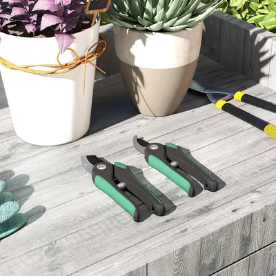 Produktbild von Gartenscheren Set 2-teilig Bypass- und Amboss-Schere, Gartenset antihaft Metall-Klingen Kunststoffgriff rutschfest, Grün | 21 x 6 cm | 0,4 kg