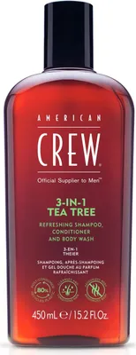 Produktbild von American Crew 3-in-1 Tea Tree Shampoo, Conditioner und ein Duschgel zur täglichen Benutzung 450 ml