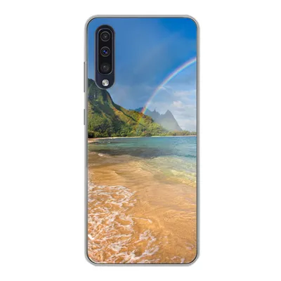 Produktbild von MuchoWow® Handyhülle Schutzhülle Hülle für Samsung Galaxy A30s Ein schöner Regenbogen am Tunnels Beach in Hawaii Silikon Softcase Handy Hülle - Karteninhaber