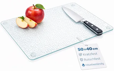 Image de Planche à découper en verre, 50 x 40 cm, antidérapante avec pieds, planche à découper en verre sans microplastiques, planche de cuisine hygiénique, surface résistante aux rayures et à la chaleur.