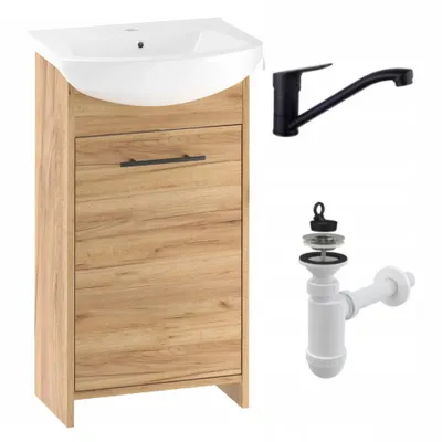 Produktbild von Stamar |  Badezimmerschrank Freistehender, mit Waschbecken, Eiche Gold, 45 cm, mit schwarzem Wasserhahn und Siphon