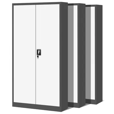 Three identical gray and white metal cabinets lined up.