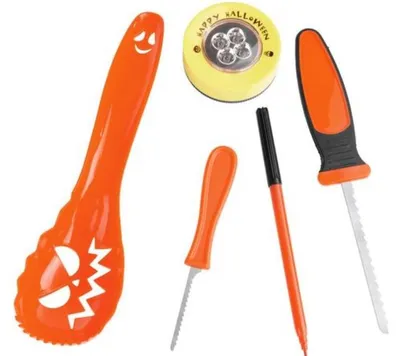 Produktbild von Halloween Kürbis Schnitzset Grusel Schnitz-Werkzeuge LED-Licht 6-teilig
