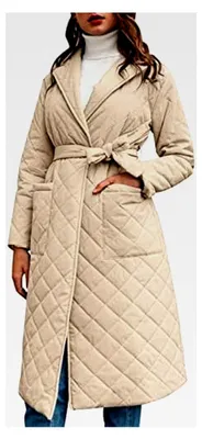 Produktbild von Damen Daunenmantel Lang Wintermantel Warm mit Gürtel Steppjacke Revers Mantel Pufferjacke mit Taschen Fleecemantel Übergangsjacke