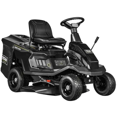 A black riding lawn mower is shown from a front-side angle against a white background.
