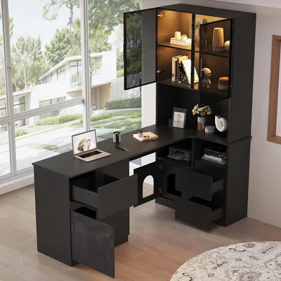 Productafbeelding van Bureau 120x80x180, boekenkast & LED-vitrine, 3 lades, 2 deuren, kabeldoorvoer (zwart)
