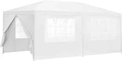 A white party tent or gazebo is shown from a slightly angled front view.
