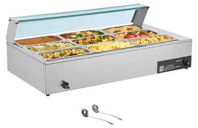 Produktbild von SucceBuy Kommerzieller Speisenwärmer mit 9 Behältern in 1/3 Größe, 1,5 kW elektrischer Edelstahl-Wärmebehälter mit Glasabdeckung und Suppenkelle, ideal für Catering, Restaurants und Partys