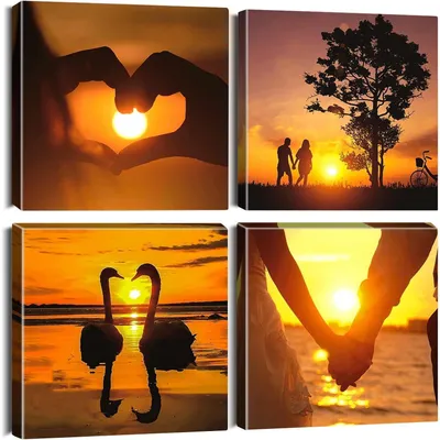 Productafbeelding van Canvaswanddecoratie, 4-delig, "Liefde bij zonsondergang", 30 x 30 cm, kunstafdruk