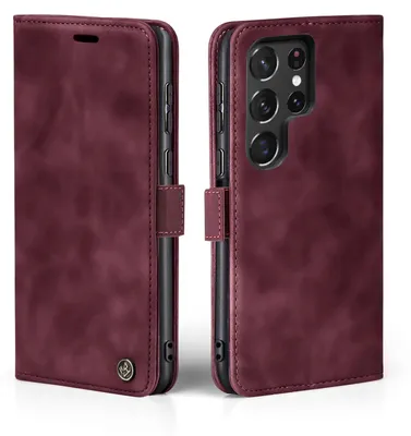 A burgundy flip case for a smartphone is shown from two angles.