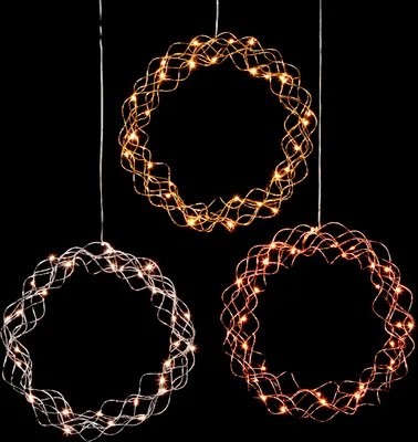 Three LED decorative wreaths are displayed against a black background.