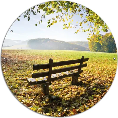 Produktbild von Wallario rundes Outdoor-Poster für Garten oder Balkon, Motiv Idyllische Holzbank in den Bergen, 120 cm Durchmesser