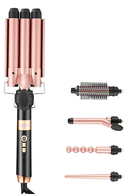 Produktbild von Lockenstab Set 5 in 1 Keramik, austauschbare Aufsätze 9-32mm, 3-fach Lockenstab, LED Display, salonähnliche Locken