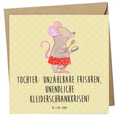 Produktbild von Mr. & Mrs. Panda Glückwunschkarte Tochter Mode - Gelb Pastell - Geschenk, Grußkarte, Freude, doppelkarte, Frisuren, Lächeln, Familienleben, Liebe, Klappkarte, faltkarte