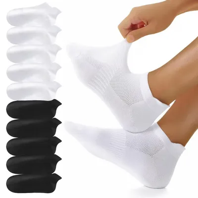 Productafbeelding van Kousen voor sneakers, 10 paar, heren/dames, katoen, korte sportkousen, hardloopkousen, maat 39-42, zwart/wit