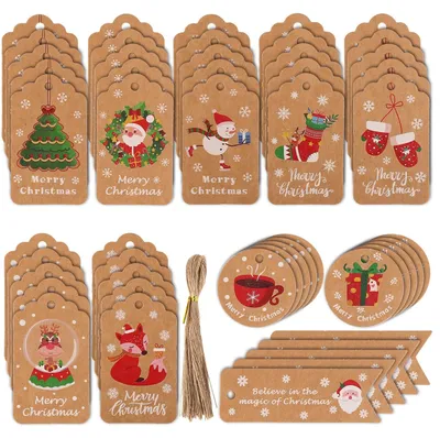 Produktbild von 50 Stück Vintage-Geschenkanhänger für Weihnachten mit Kordel, verschiedene Designs