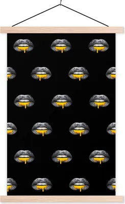 Produktbild von MuchoWow® Textilposter Lippen - Gold - Muster 40x60 cm mit holzfarbenen Rahmen - Poster