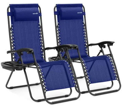 Productafbeelding van Set van 2 Ligstoelen - Verstelbare Tuinligstoelen met Zijtafel, Bekerhouders, Afneembare Kussens - Blauw
