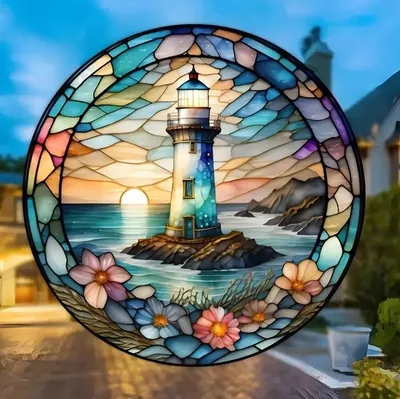 Produktbild von GKA Fensterbild Leuchtturm mit Blumen 18 cm Sonnenfänger Lichtfänger tolle Lichteffekte Fensteraufkleber selbstklebend ablösbar wiederverwendbar