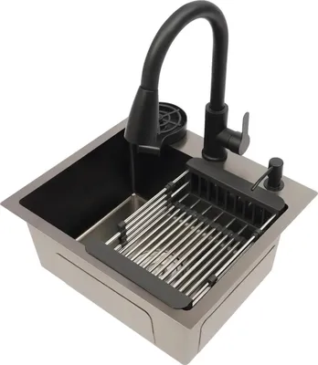 Immagine prodotto di Lavello da cucina - A vasca singola - Acciaio inossidabile - 1 foro - Con rubinetteria - 45x40 cm - Nero