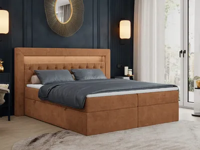 Produktbild von Boxspringbett 180x200 mit Led, Polsterbett 180x200 mit LED Kopfteil - Multipocket-Matratze H3 - Doppelbett mit Bettkasten Stauraumbett, GOLD-6 - 180x200 - Orange - Struktur - Mittelfest (H3)