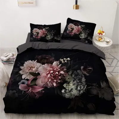 Produktbild von Bettwäsche Set Blumen Vintage Floral Schwarz 220x240cm Microfaser 2 Kissenbezüge 80x80cm