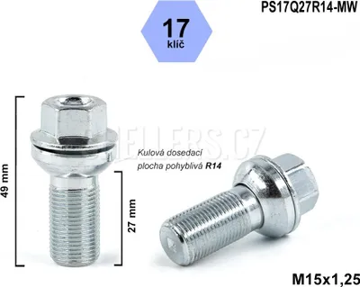 Obrázek produktu pro Kolový šroub M15x1,25x27 kulový R14, pohyblivá plocha, klíč 17, PS17Q27R14-MW, výška 49 mm