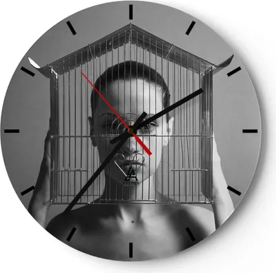 Produktbild von Wanduhr - Rund - Glasuhr - Schwarzweiß Frau Käfig - 30x30cm - Schleichendes Uhrwerk - Lautlos - zum Aufhängen bereit - Dekoration Modern - Wanddekoration aus Glas - C3AR30x30-4131