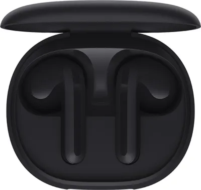 A pair of black wireless earbuds in their charging case.