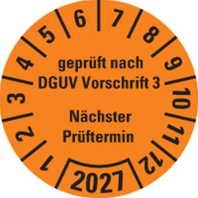 Produktbild von Dreifke® Prüfplakette gepr.n.DGUV Vorschr.3 NP 27, orange, Dokufolie, Ø 25mm,...