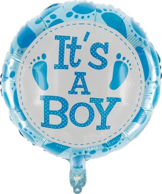 Produktbild von Folienballon „It’s a Boy“ mit blauen Fußabdrücken, selbstschließend, blau, Ø 45 cm