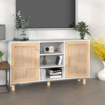 Produktbild von vidaXL Sideboard Weiß 105x30x60 cm Massivholz Kiefer und Natur-Rattan