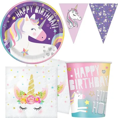 Produktbild von 33 tlg. Partyset Einhorn Geburtstag Deko lila Einweggeschirr Party Kindergeburtstag