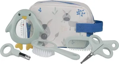 Produktbild von Bebeconfort Babypflege-Set, Inklusive Babyhaarbürste, Babykamm mit Babyspiegel, Baby-Nagelknipser, Babyschere, Baby-Badethermometer, 0m+,Lovely Donkey