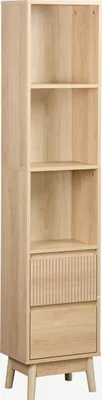 A tall, narrow wooden cabinet with shelves and drawers.