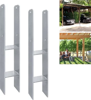 The image is a collage showing two metal H-anchors on the left and two lifestyle shots of outdoor structures on the right. One lifestyle shot shows a carport with cars, and the other shows a woman relaxing under a wooden pergola.