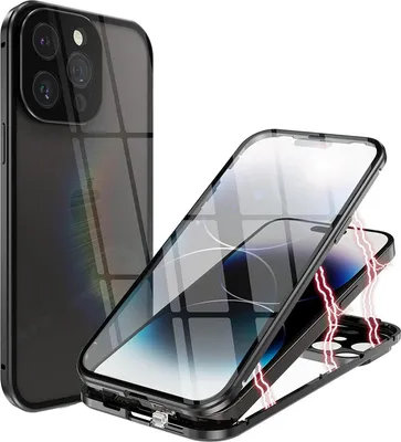A black iPhone case is shown disassembled, with the front and back covers separated, revealing the magnetic closure mechanism. A second, assembled iPhone with a similar case is visible in the background.