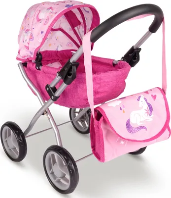 Produktbild von Malplay Puppenwagen mit Tasche verstellbares Verdeck große Räder Rosa Einhorn Motiv ab 3 Jahren Geschenk