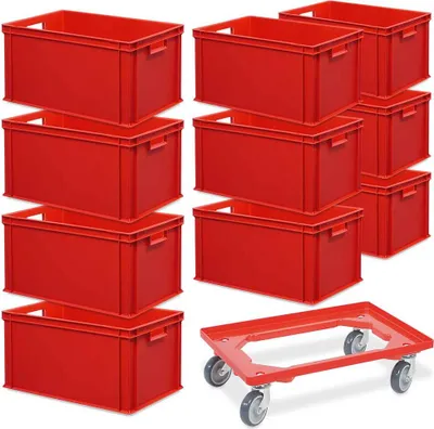 Produktbild von 10 Euroboxen, LxBxH 600 x 400 x 320 mm, rot + 1 Transportroller