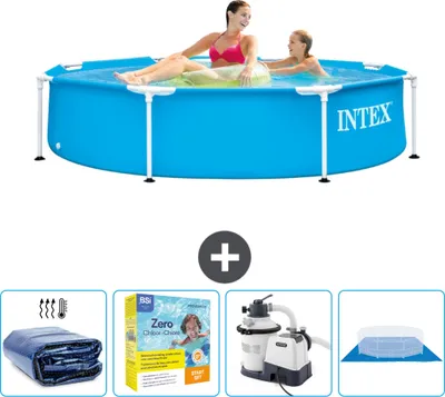 Produktbild von Intex-Schwimmbecken mit rundem Rahmen – 244 x 51 cm – Blau – im Lieferumfang enthalten Sonnensegel - Wartungspaket - Filterpumpe für Schwimmbad - Bodenplane