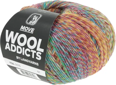 A ball of multicolored yarn with a label.