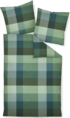 A flat lay of a duvet cover and two pillowcases with a plaid pattern.