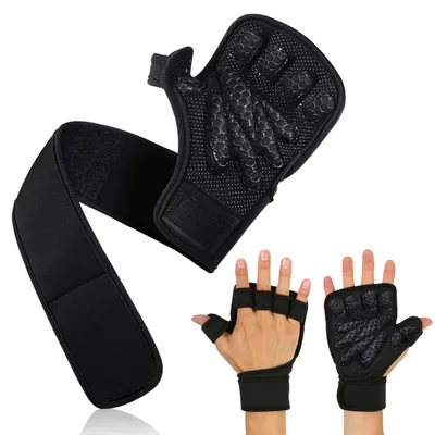 Immagine prodotto di Guanti da fitness con supporto per il polso, guanti da allenamento da uomo e da donna, guanti da sollevamento pesi senza dita, per allenamento della forza, adatti anche per la barra per trazioni