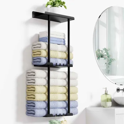 Produktbild von Handtuchhalter Wand Handtuchhalter, Bad Handtuchregal, Ohne Bohren, mit Leitplanke Bath Towel Holder, mit 6 Handtuchhaken, für Badezimmer Küche